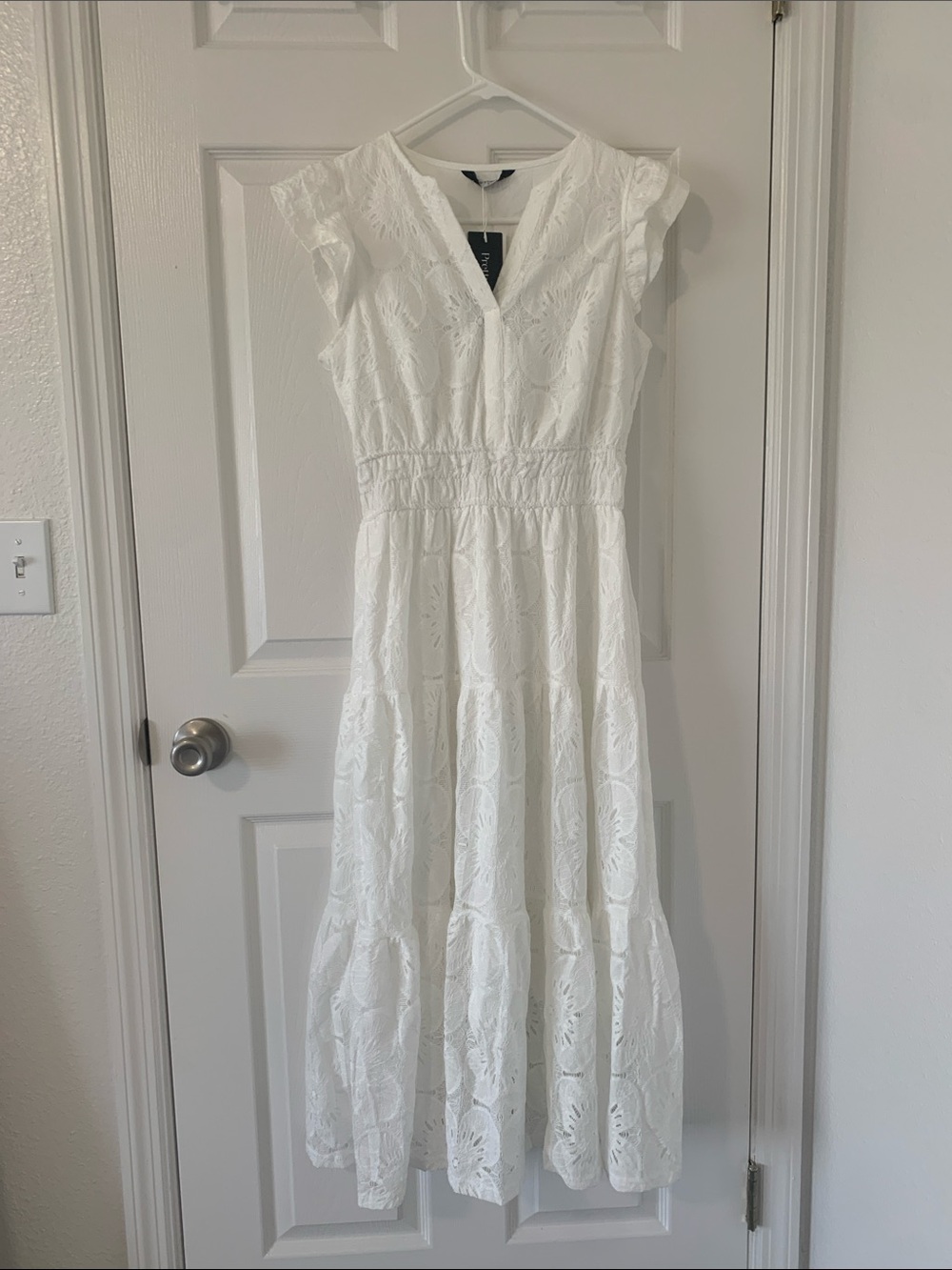 White V-Neck Midi Dress with Smocked Waist and Flutter Sleeves
